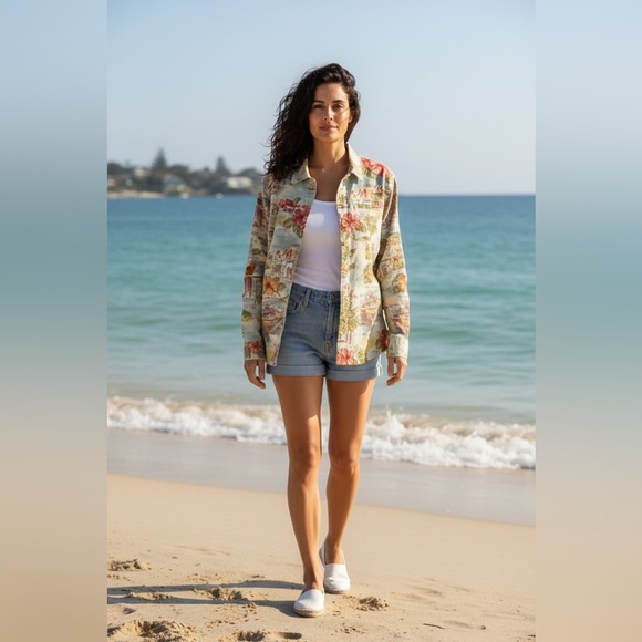 Coldwater Creek Jackets & Blazers - Coldwater Creek Denim Shirt Jacket Button Front Hawaiian Tropical Print L NOTES